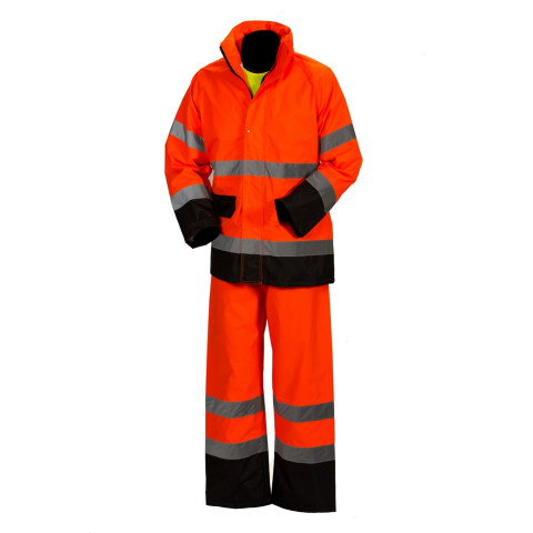 Huomiovärinen sadeasusetti oranssi/musta EN 20471/EN 343 - 4311